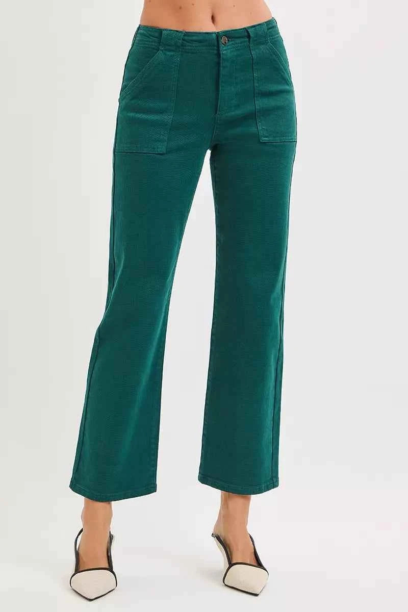 RISEN High Rise Ankle Flare Patch Pocket Jeans