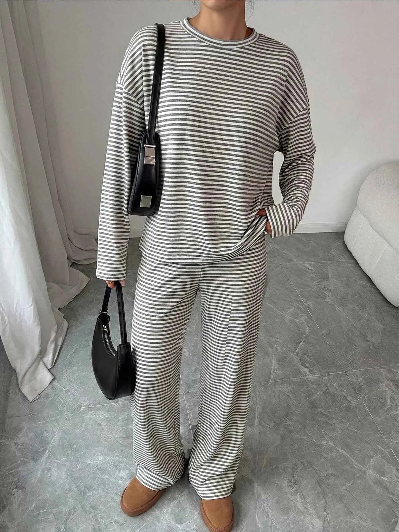 Striped Round Neck Top and Pants Set