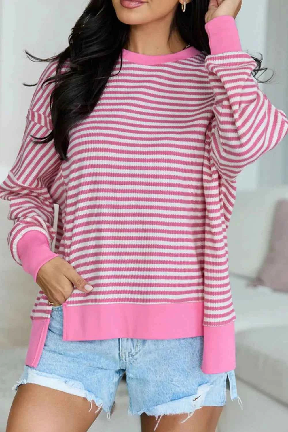 Stripe Textured Knit Color Block Trim Split Hem Long Sleeve Top