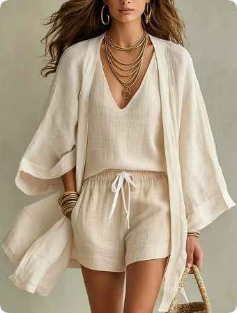 3pcs Suits Mid-length Cardigan Sleeveless Vest And Shorts Set Women's Casual Three-piece Outfit For Daily Wear