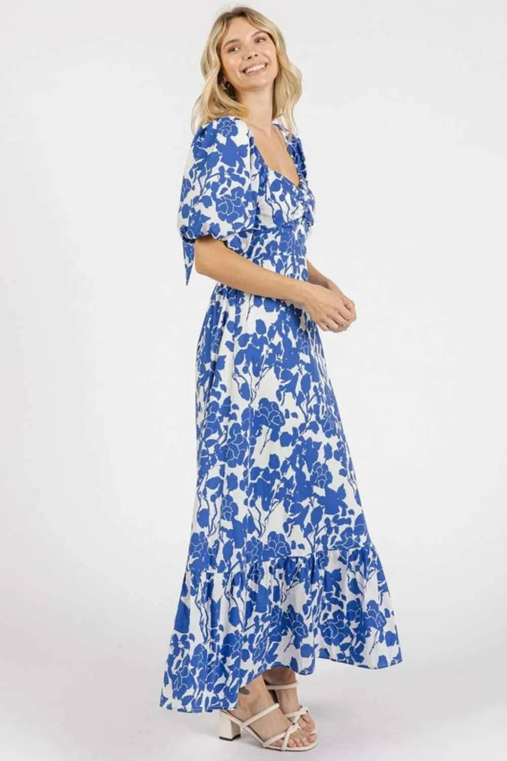 Mittoshop Cutout Back Floral Sweetheart Neck Puff Sleeve Dress