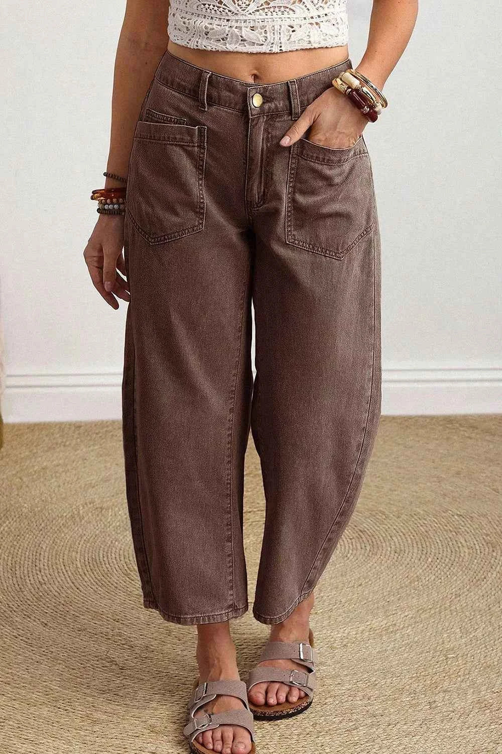 Solid Color Square Patch Pocket Ankle-length Barrel Jeans