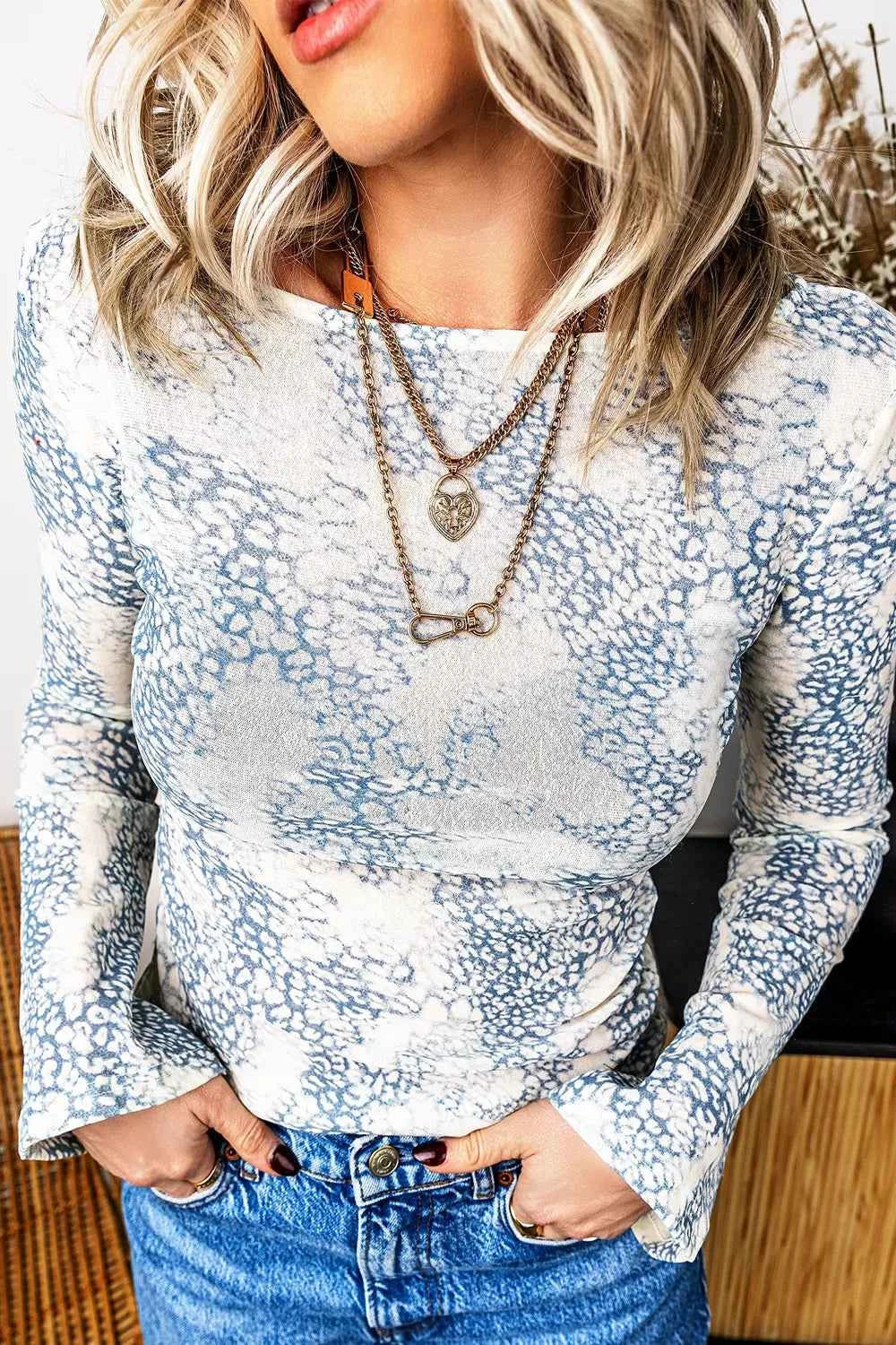 Long Sleeve Leopard Print Round Neck Sheath Top