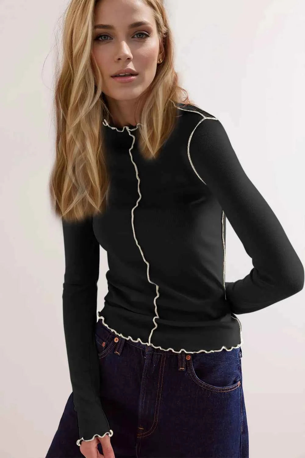 Basic Bae Wavy Lettuce Trim Contrast Stitching Long Sleeve Mock Neck Slim Fit Casual Top
