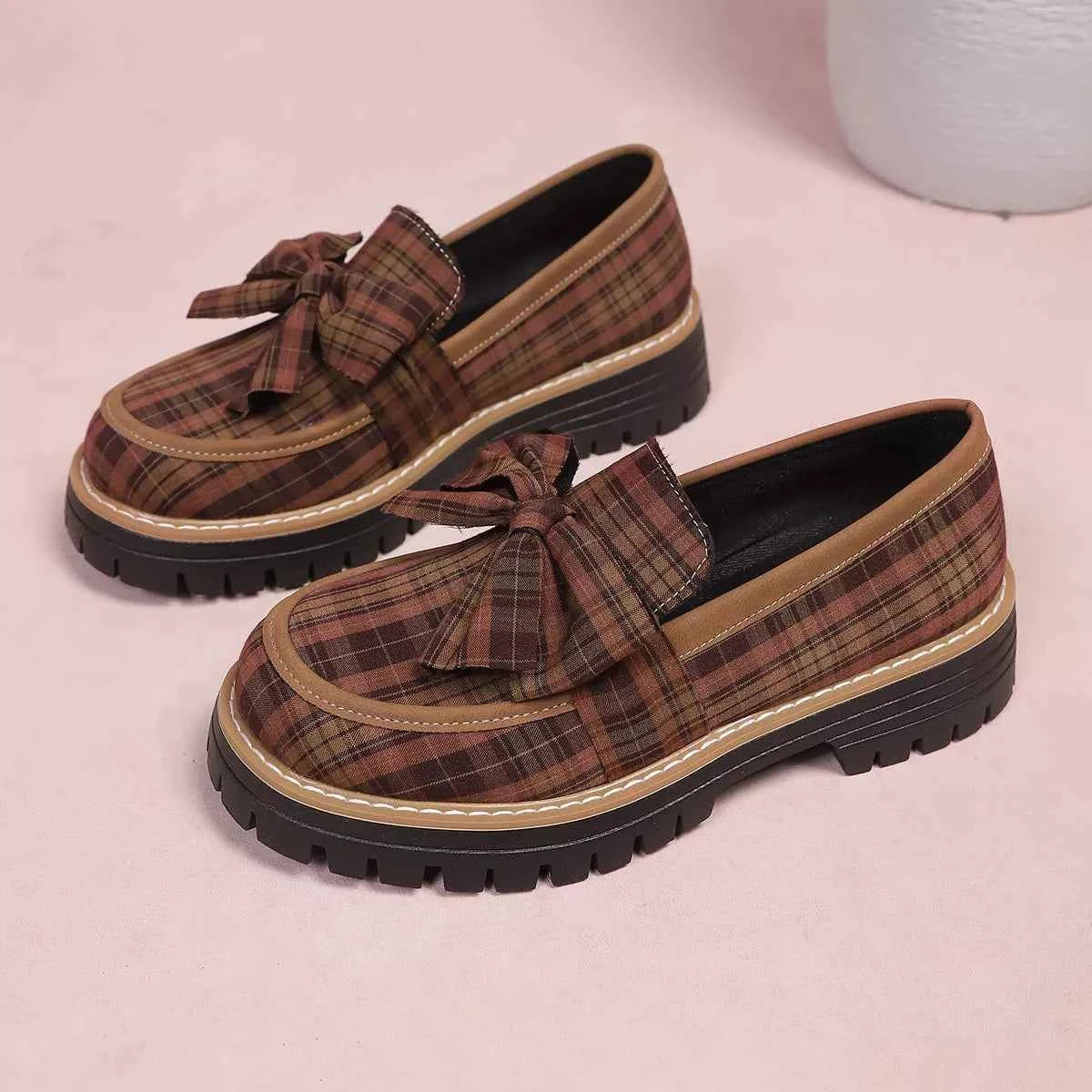 Plaid Bow Decor Chunky Loafers