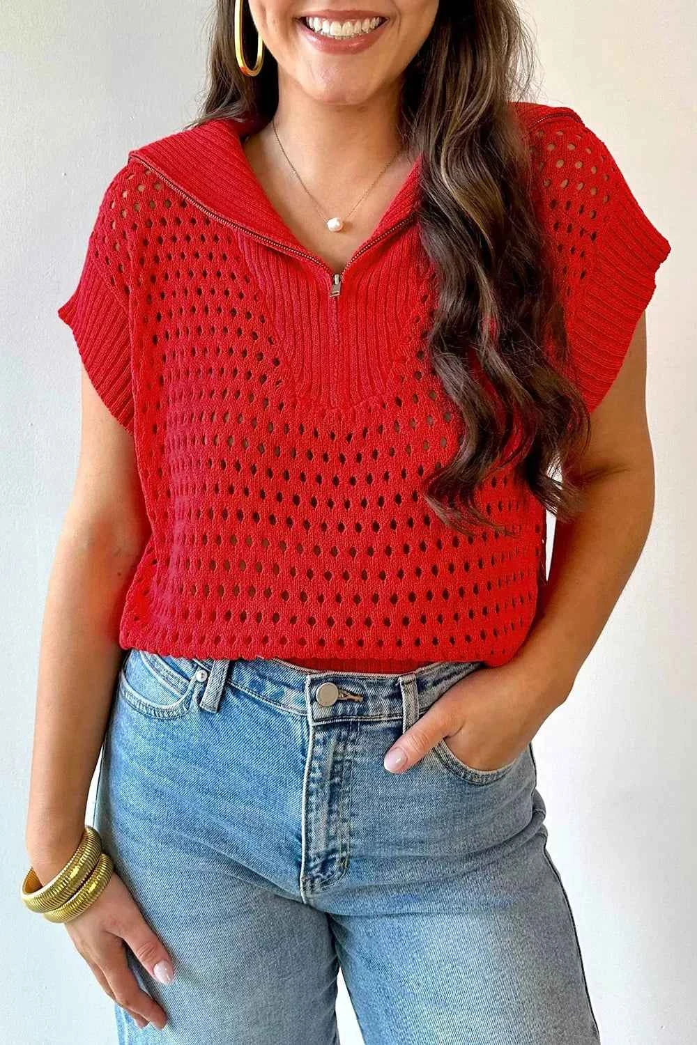 Openwork Quarter-Zip Knit Top
