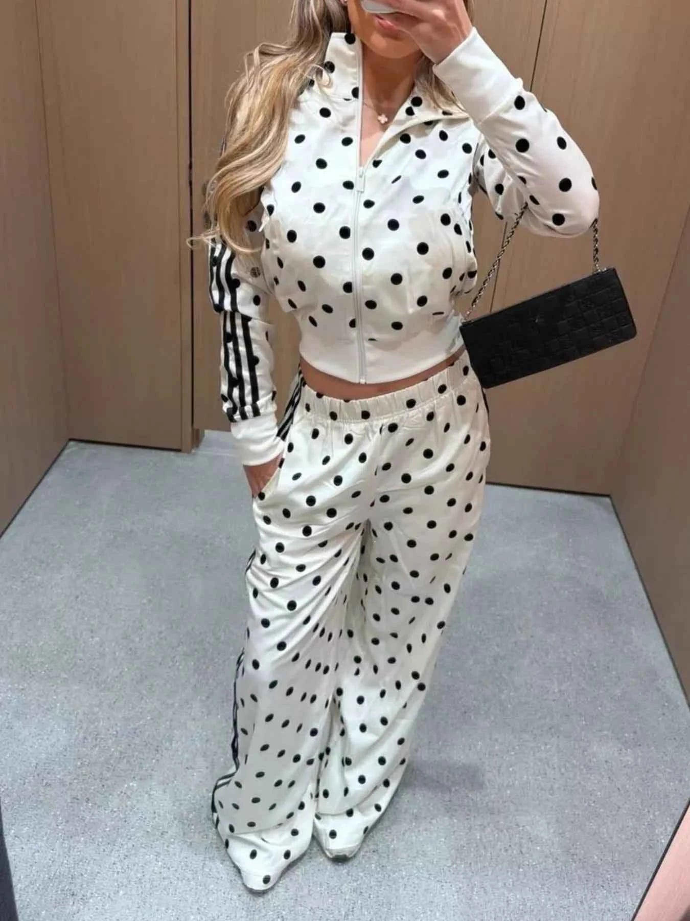 Polka Dot Zip Up Outerwear and Pants Set