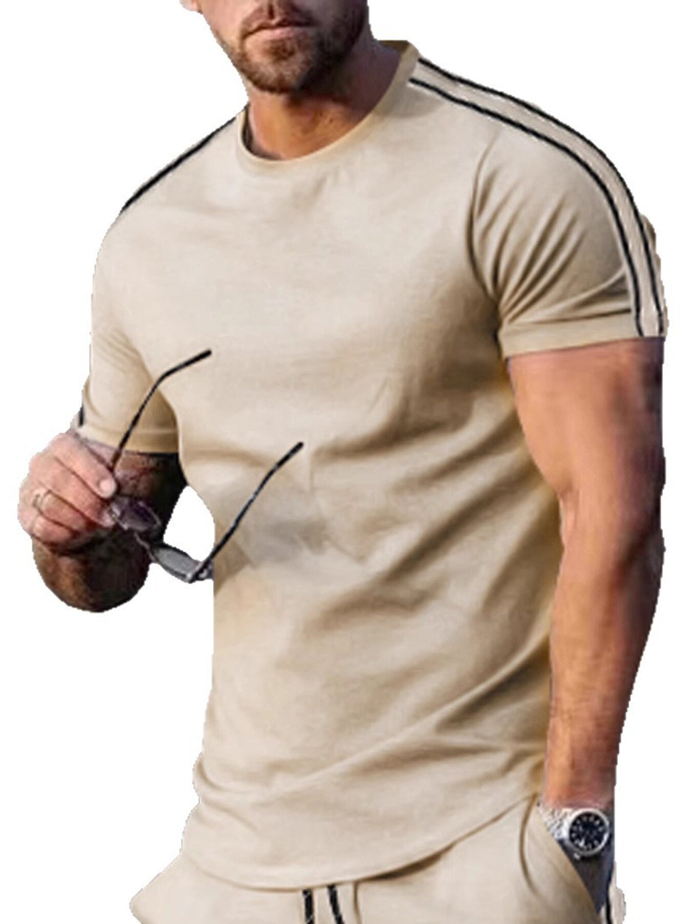 Men's Full Size Striped Shoulder Casual T-Shirt Plus Size