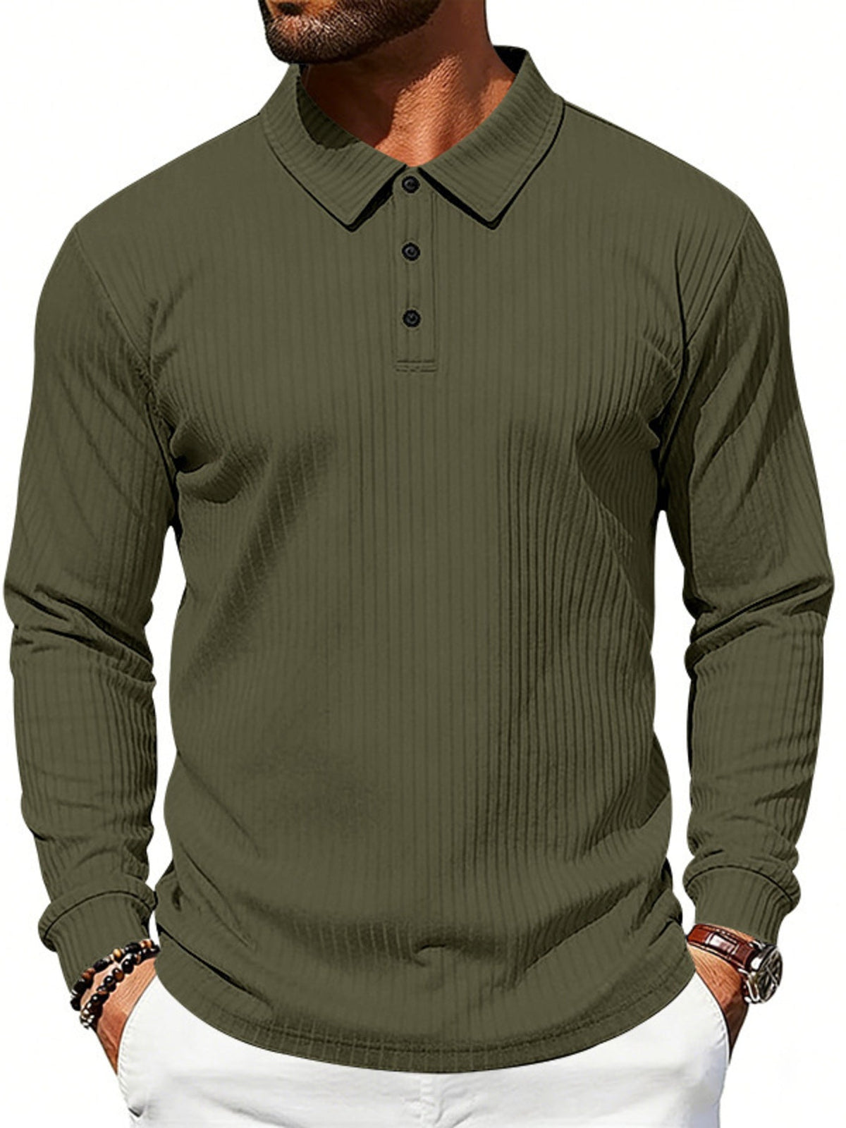 Men's Full Size Ribbed Long Sleeve Polo with Button Detail Plus Size