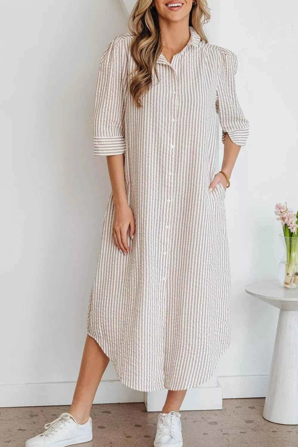 Stripe Frilled Collar Half Sleeve Shirt Dress