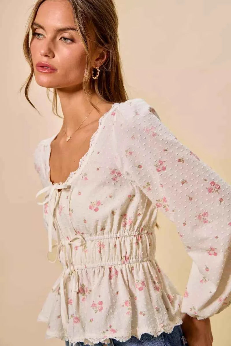 SO ME Floral Clip Dot Lace Trim Ruched Bodice Blouse