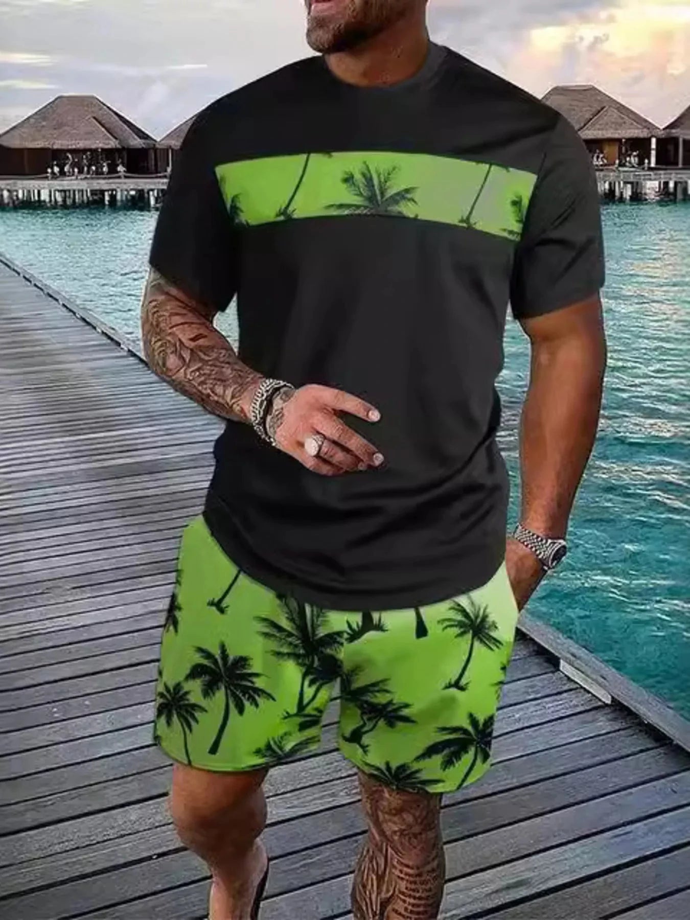 Men's Full Size Tropical Palm Tree Tee and Shorts Set Plus Size