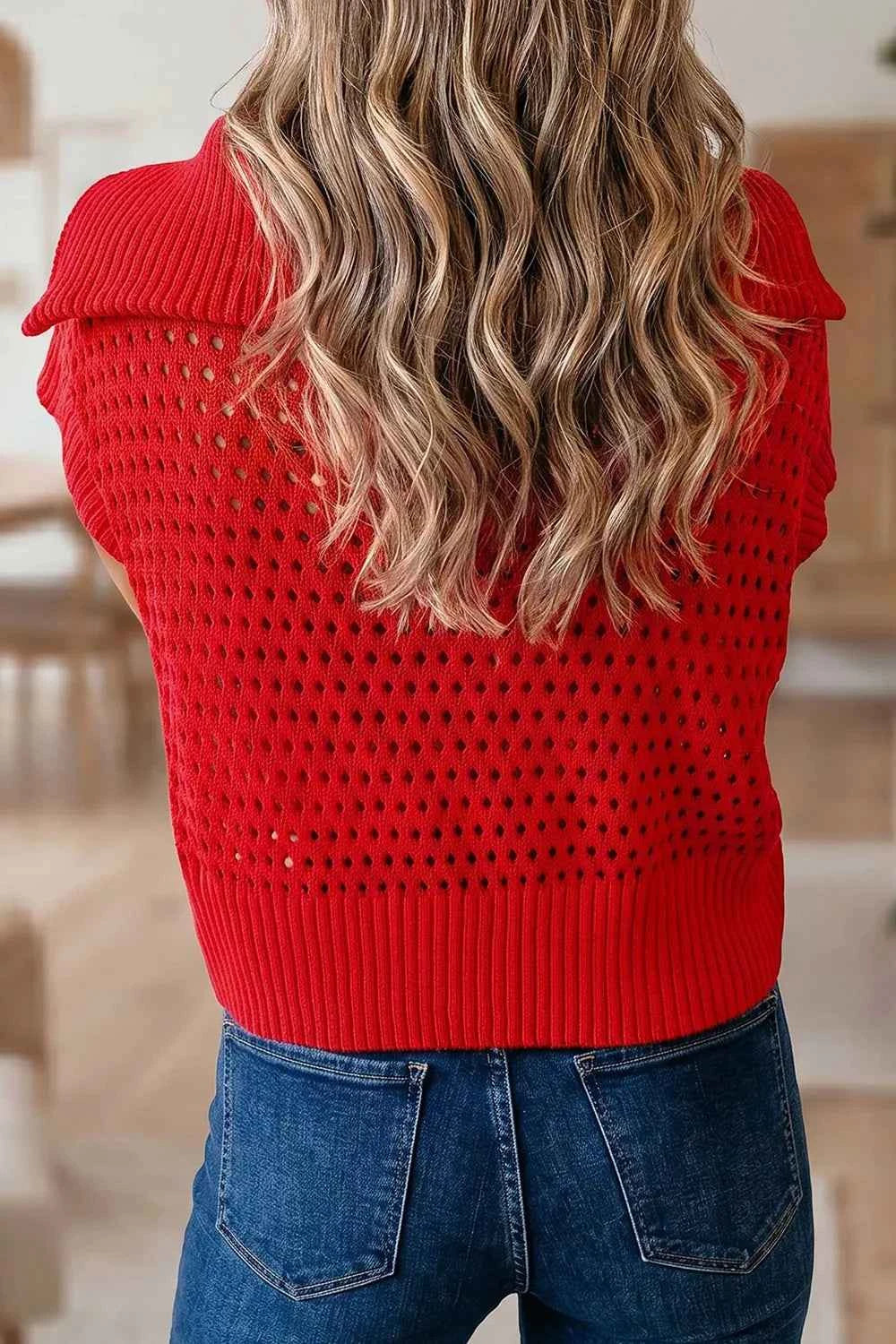 Openwork Quarter-Zip Knit Top