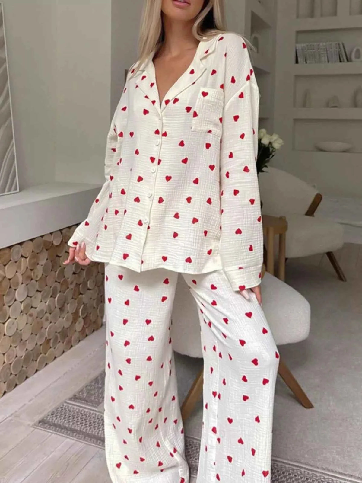 Heart Print Long Sleeve Top and Pants Lounge Set