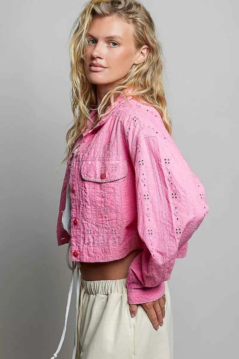 POL Eyelet Textured Cotton Cropped Button-Front Jacket