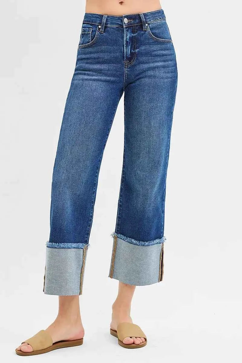 RISEN Full Size Mid Rise Crop Wide Wide Cuffed Jeans Plus Size