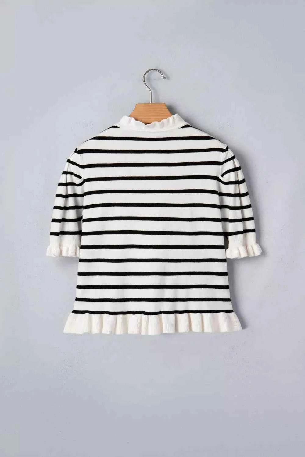 Stripe Ruffle Trim Button Down Knit Short Sleeve Sweater Cardigan
