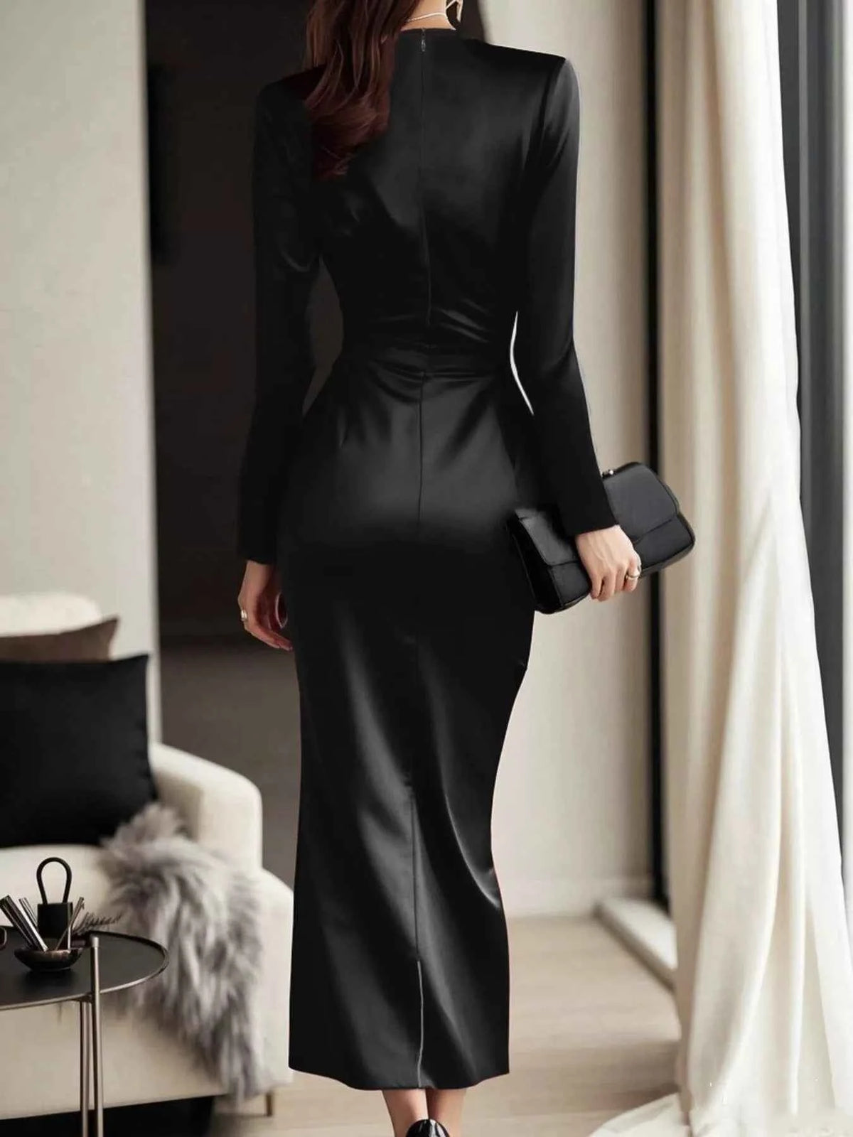 Satin Long Sleeve Wrap Dress