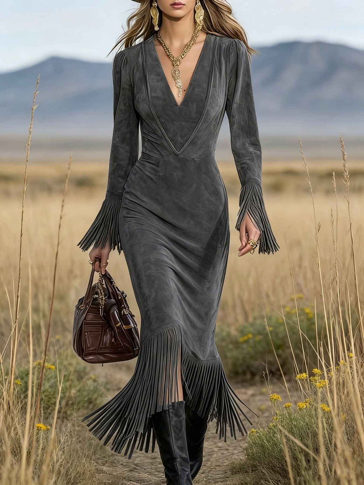 Retro Western Fringe Long-Sleeve Dress