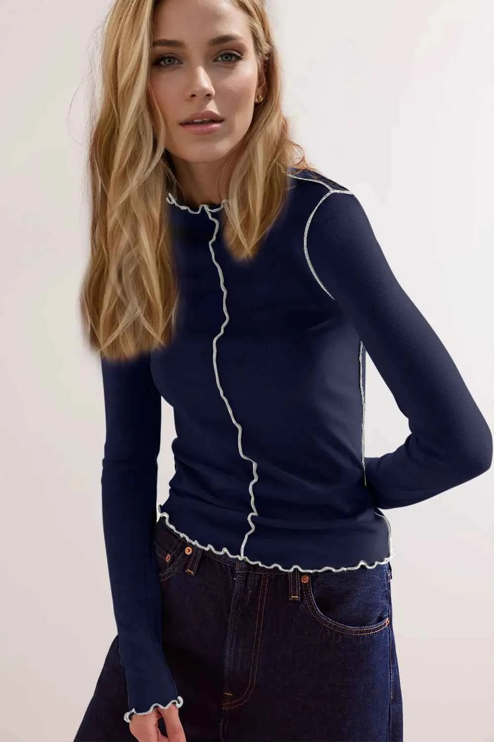 Basic Bae Wavy Lettuce Trim Contrast Stitching Long Sleeve Mock Neck Slim Fit Casual Top