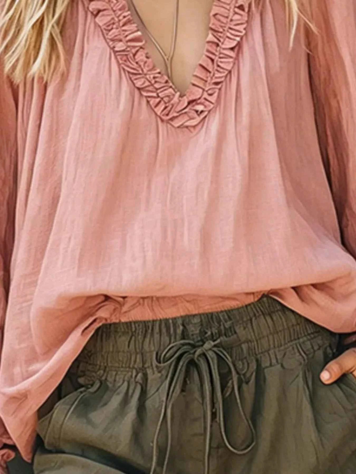 Frill V-Neck Long Sleeve Blouse