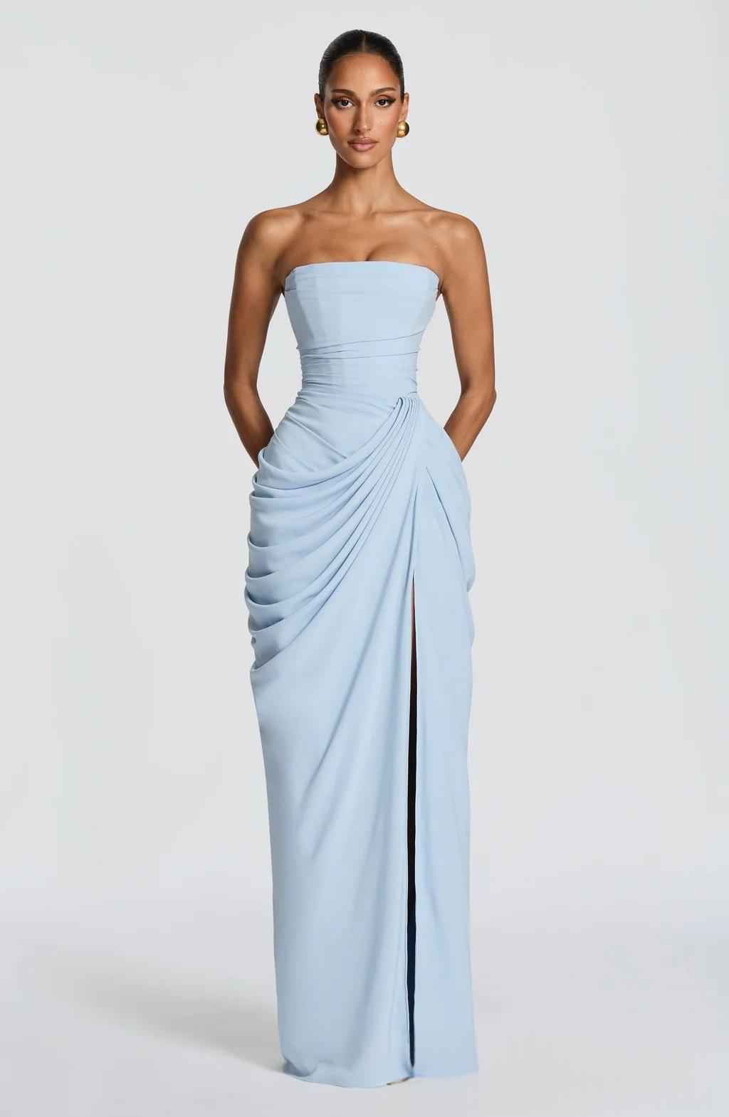 French Style Romantic Strapless Pleated Slit Dress - Women's Elegant Evening Gown For Summer Party Wedding Dresses