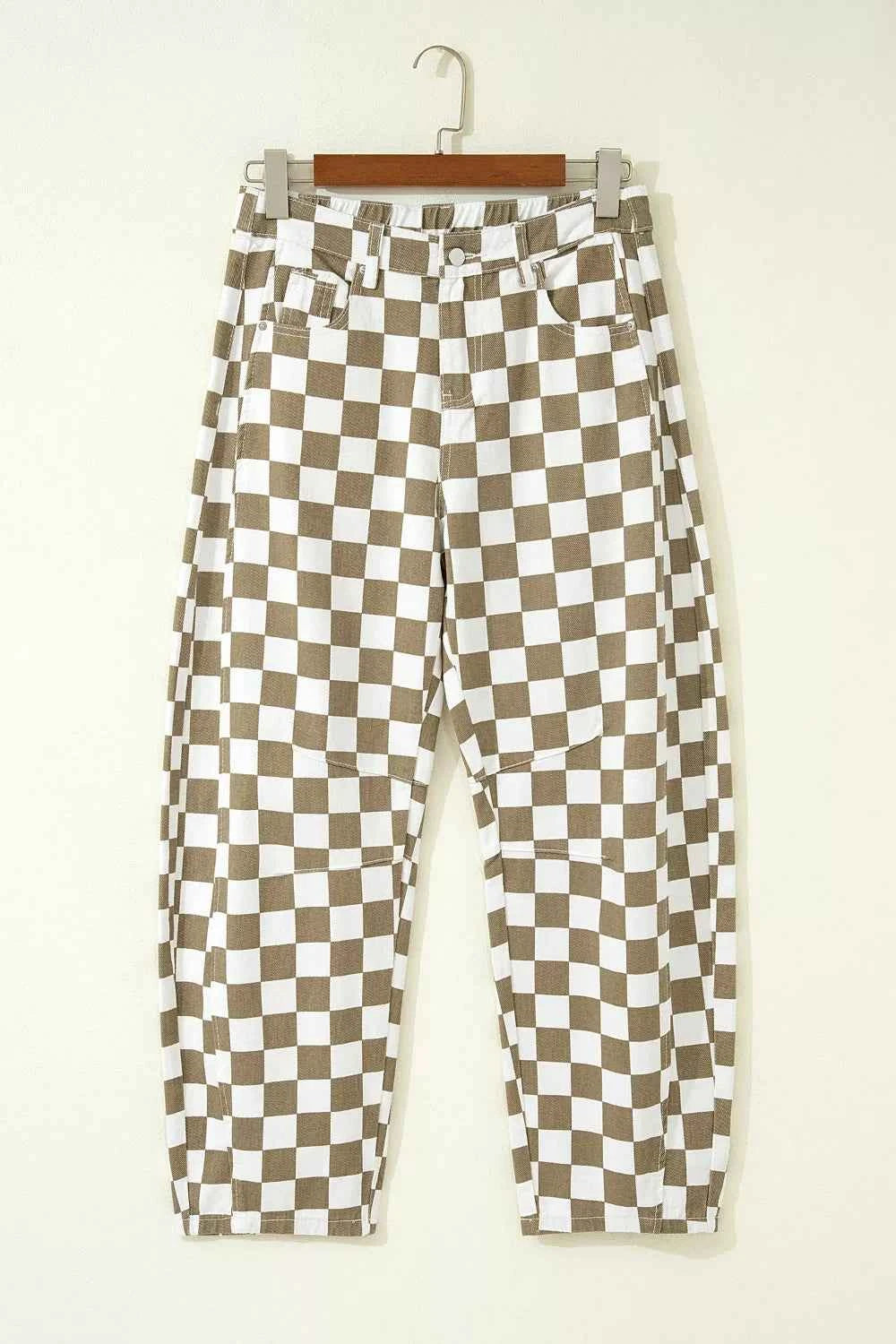 Checkered Print Denim Barrel Pants