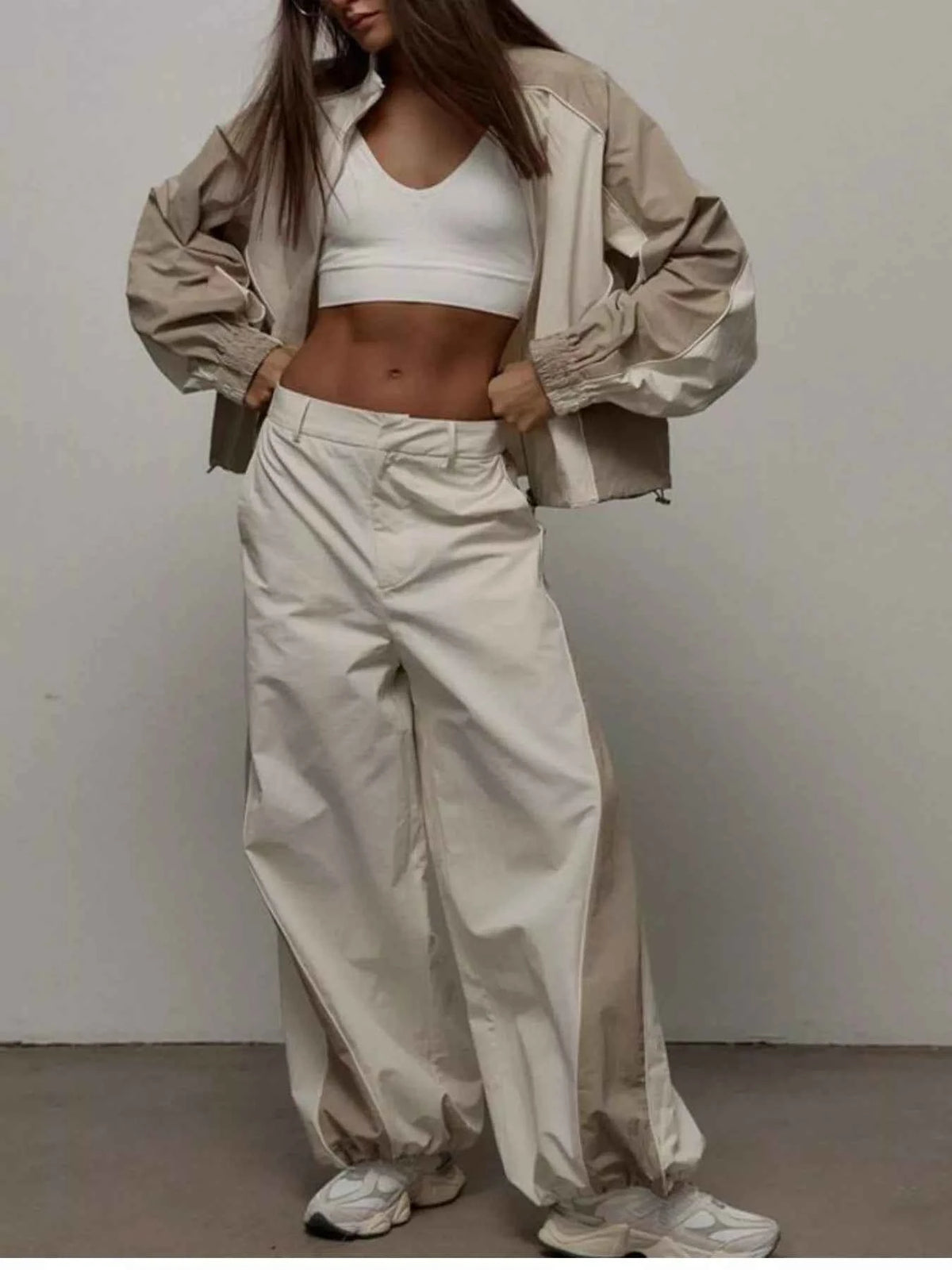 Color Block Zip Up Outerwear and Pants Set