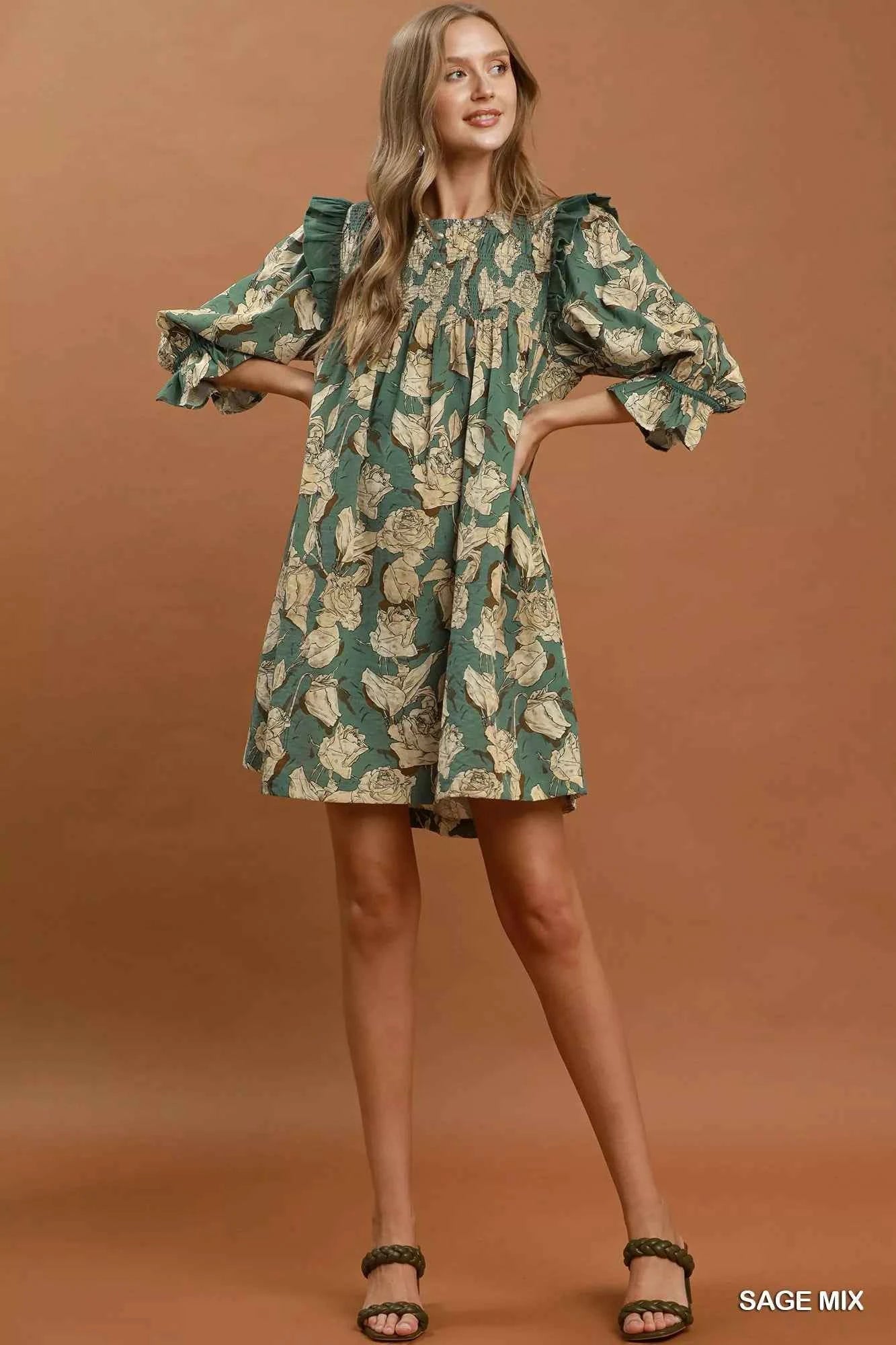 Umgee Mix Floral Print Smocked Ruffle Detail Flowy Dress