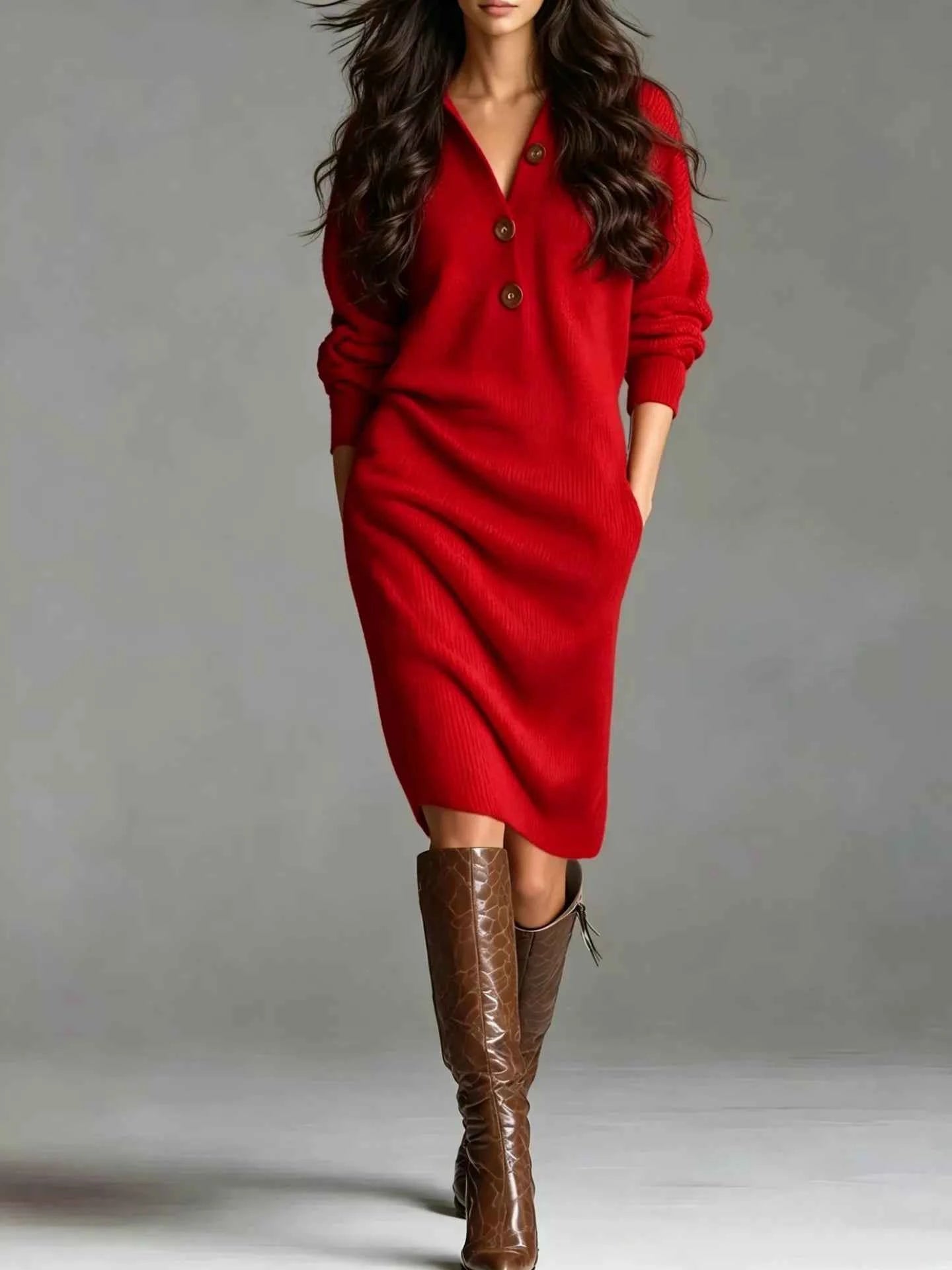 V-Neck Half-Button Ribbed Knit Dress