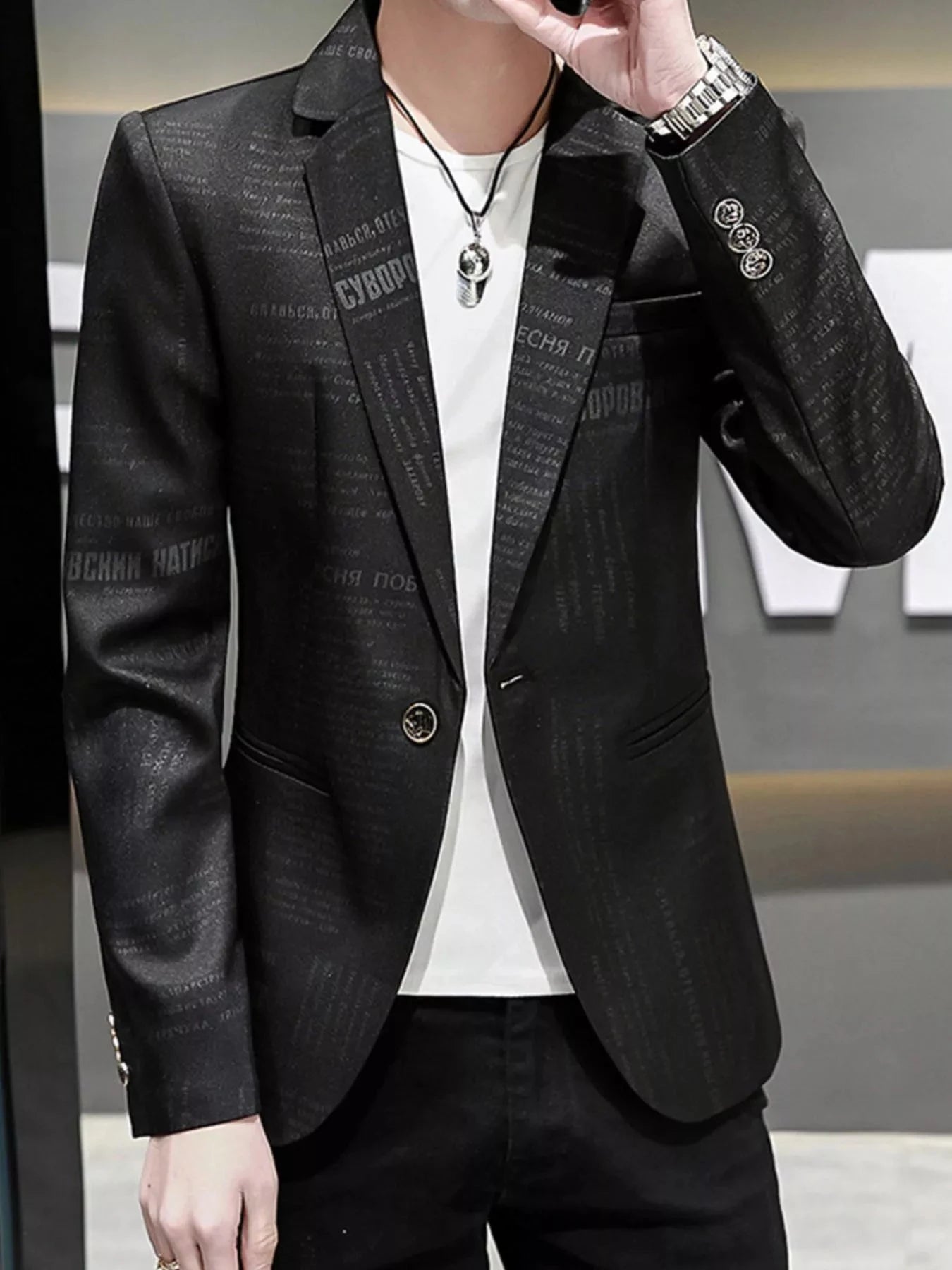 Men's Plus Size Newspaper Print One Button Blazer