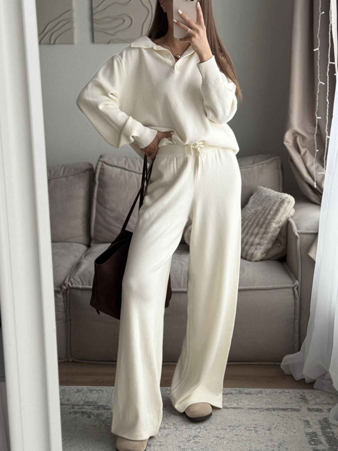 Polo Collar Top and Pants or Skirt Knit Set
