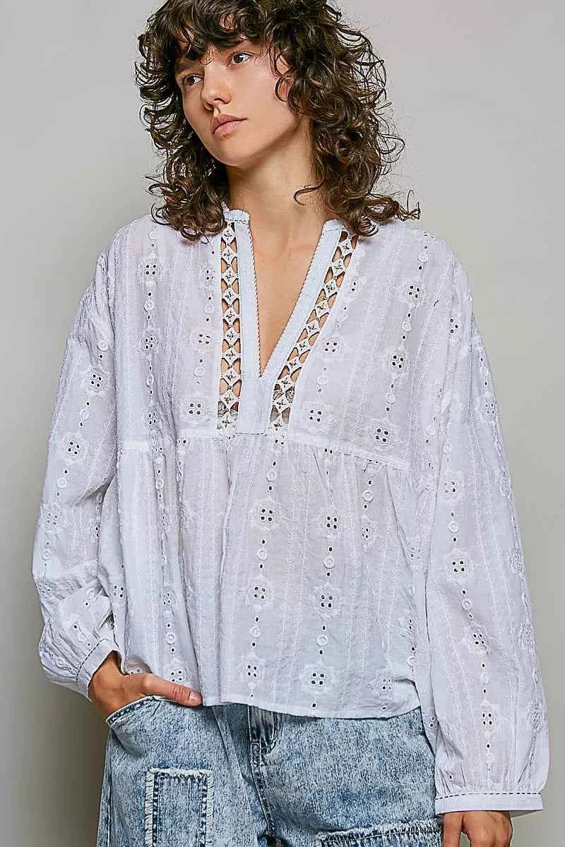 POL Lace Eyelet Long Sleeve Cotton Blouse