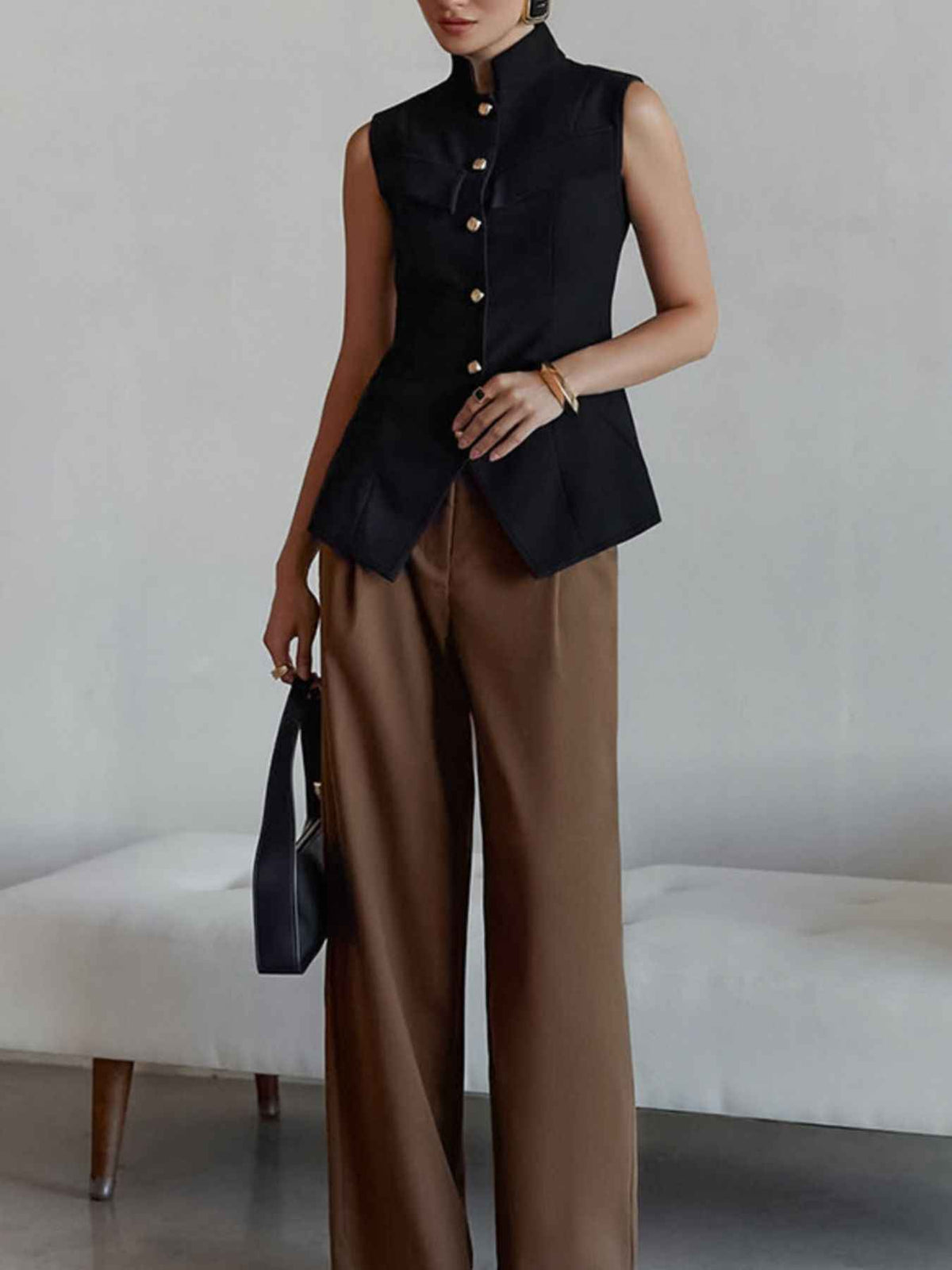 Stand Collar Button-Down Vest Coat