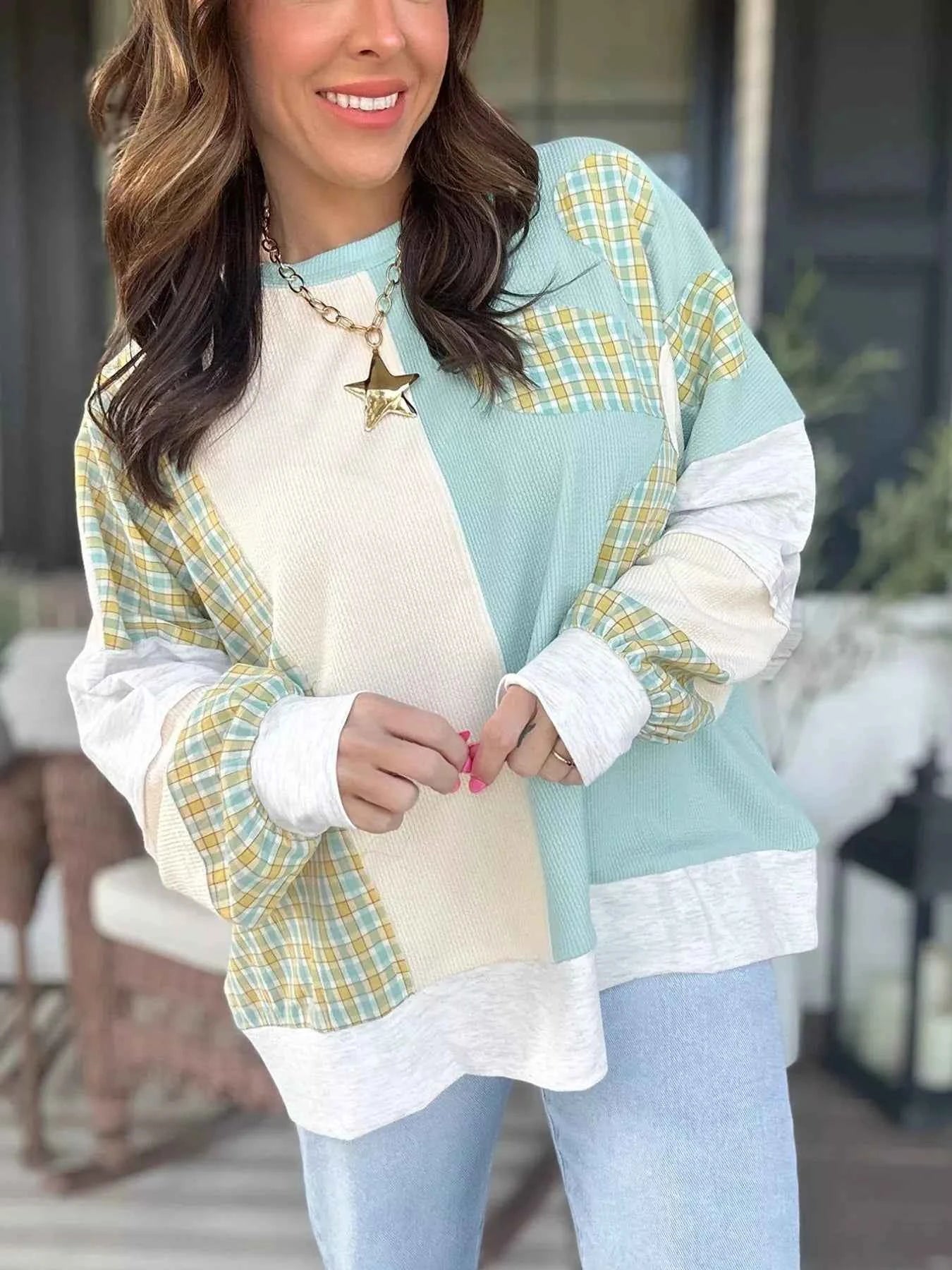 Plaid Patchwork Round Neck Long Sleeve Top