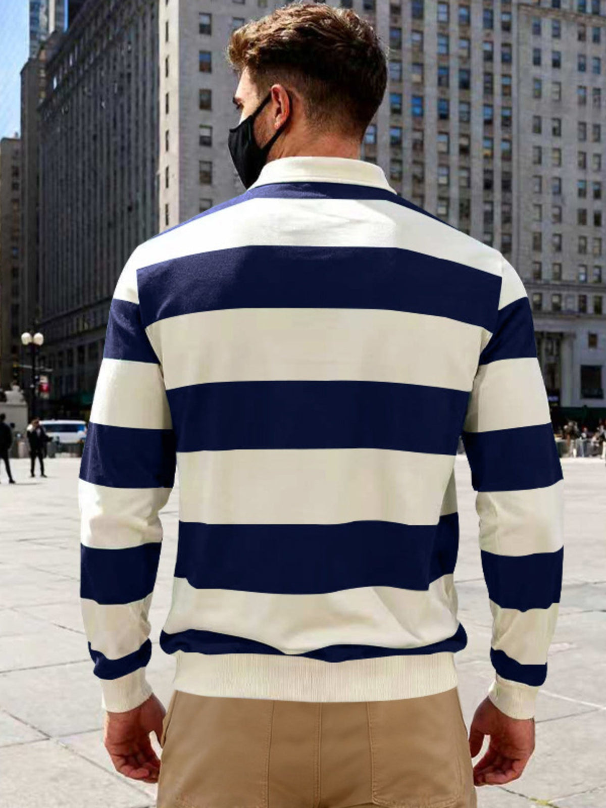 Men's Full Size Classic Striped Long-Sleeve Polo Plus Size