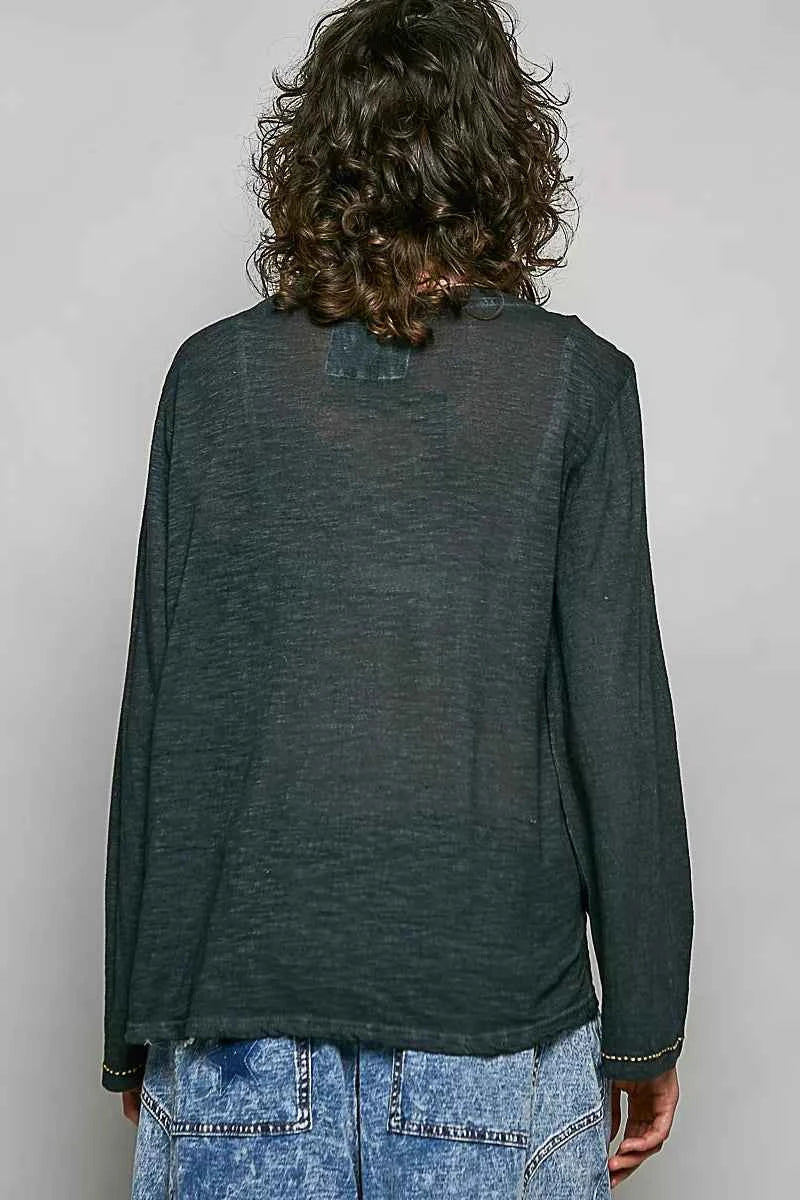 POL Contrast Stitch V-Neck Lightweight Knit Long Sleeve Top