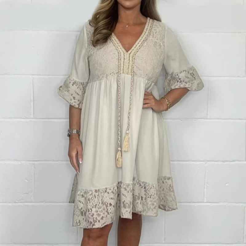 Womens V-neck Patchwork Lace Hollow-Out Dress