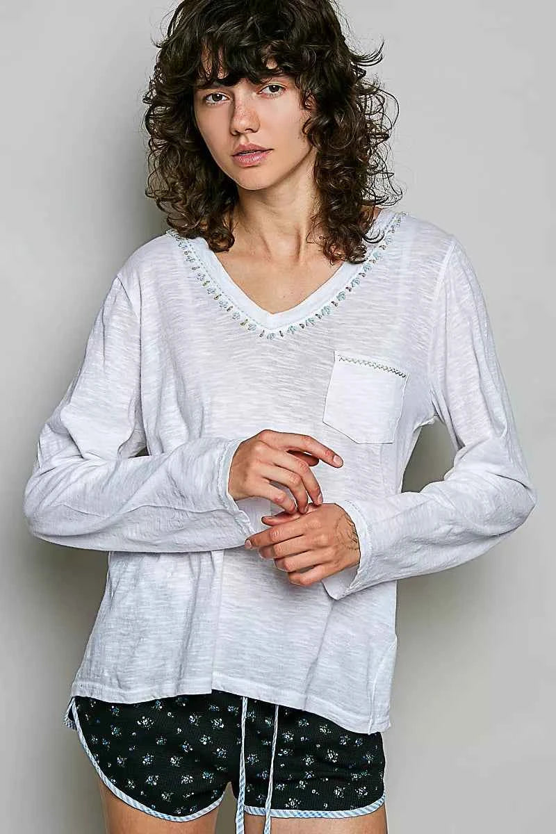 POL Contrast Hand-Stitch V-Neck Lightweight Knit Long Sleeve Top