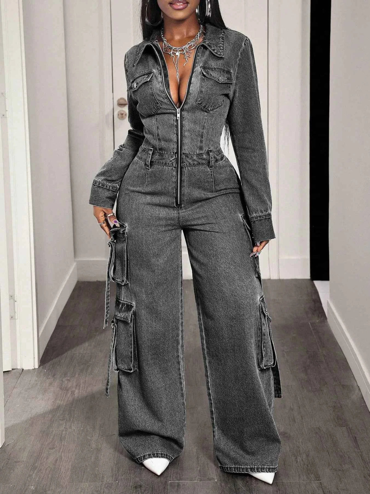 Zip Front Wide Leg Cargo Denim Jumpsuit