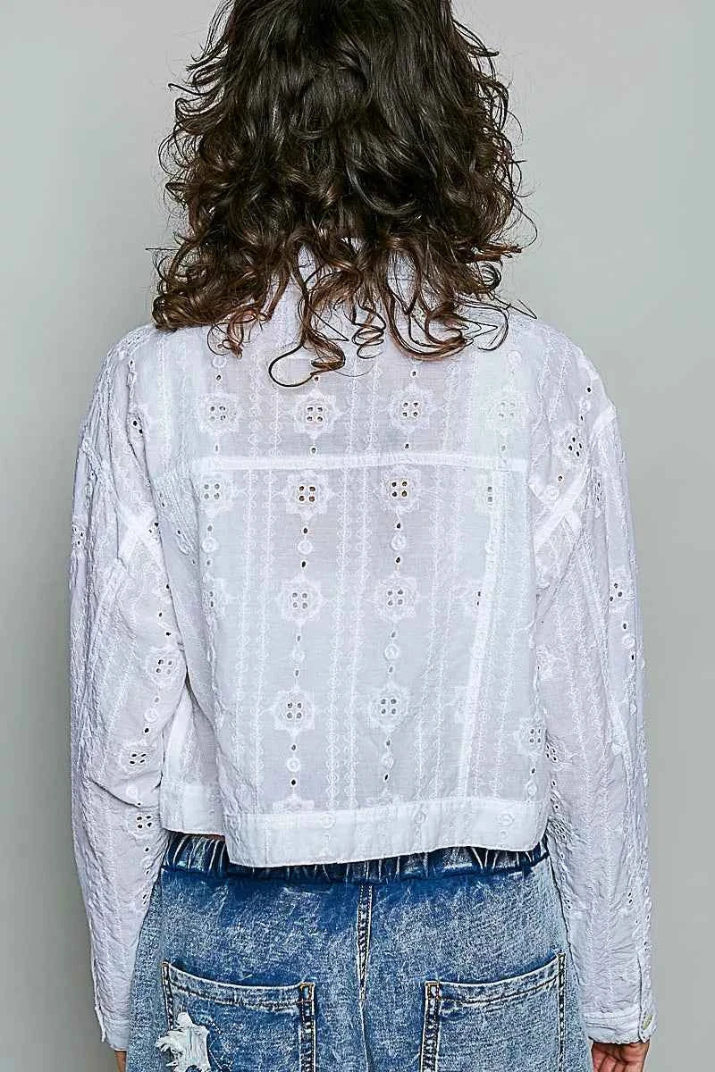 POL Eyelet Textured Cotton Cropped Button Front Jacket