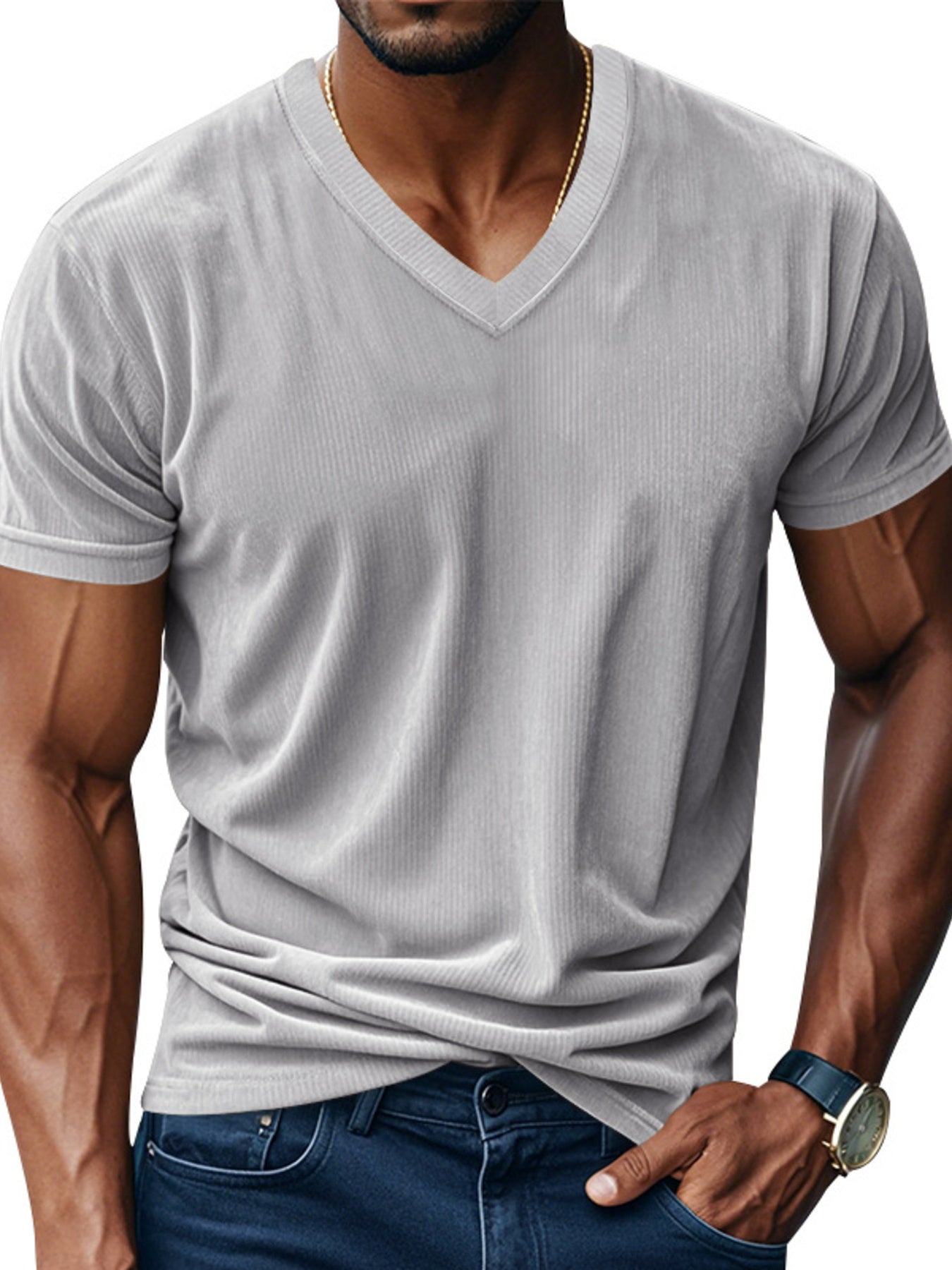 Men's Full Size Ribbed V-Neck T-Shirt Plus Size