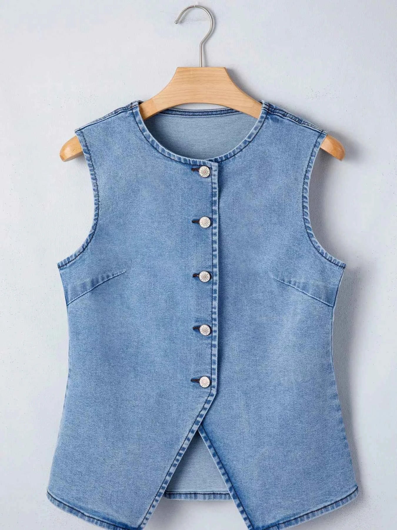 Buttoned Front Slit Denim Vest