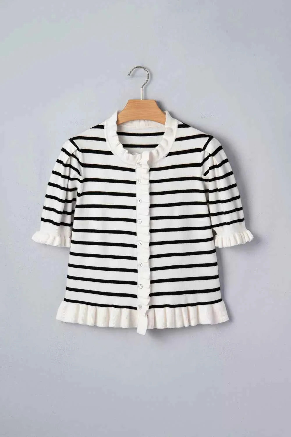Stripe Ruffle Trim Button Down Knit Short Sleeve Sweater Cardigan