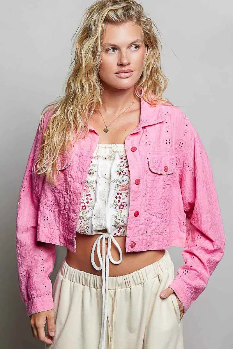 POL Eyelet Textured Cotton Cropped Button-Front Jacket