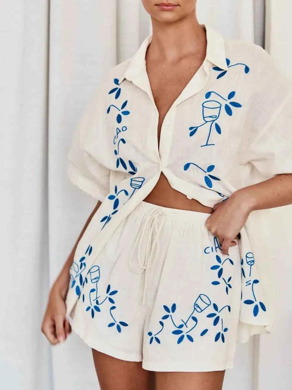 Embroidered Button Up Half Sleeve Top and Shorts Set