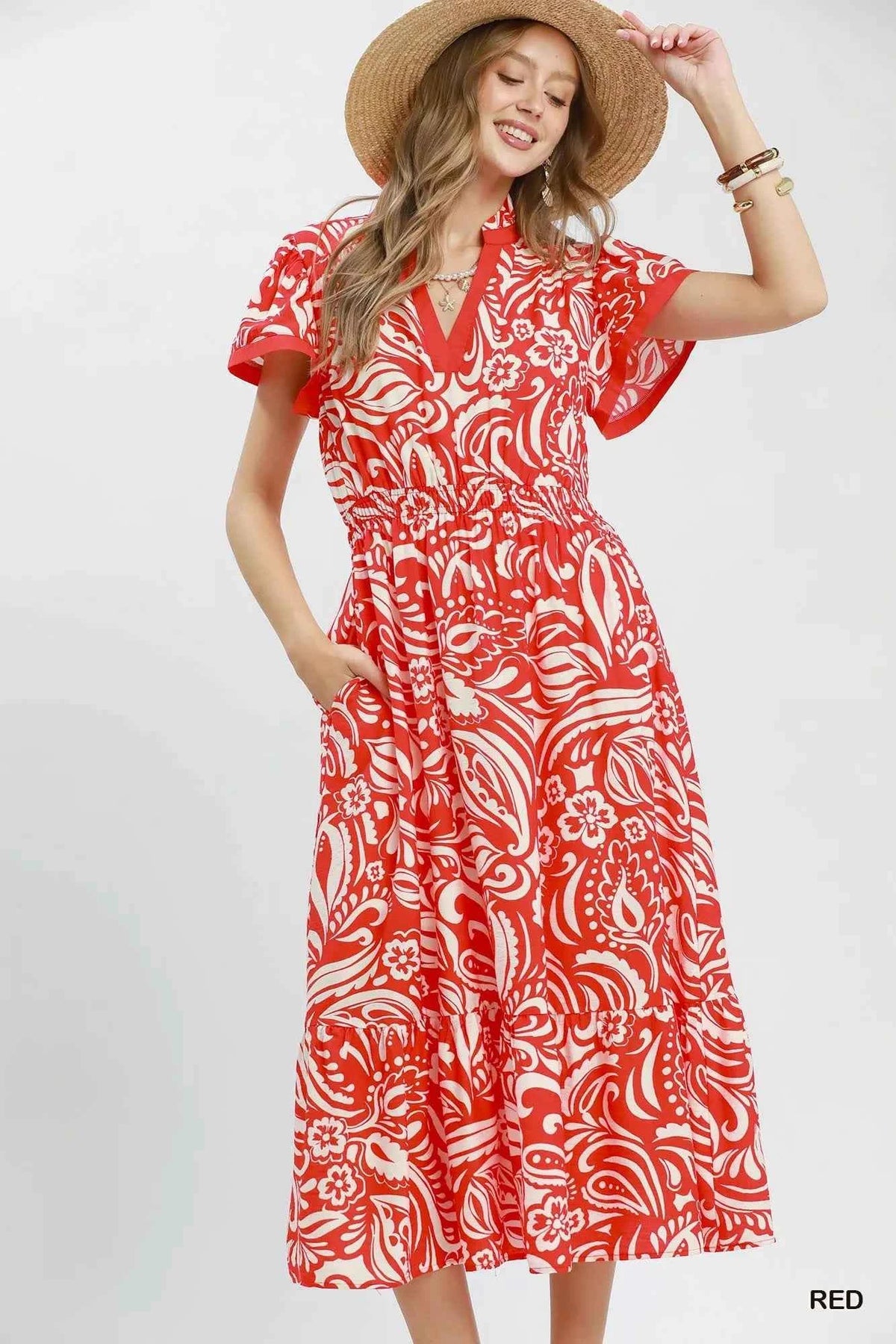 Umgee Paisley Print Midi Dress with Pockets