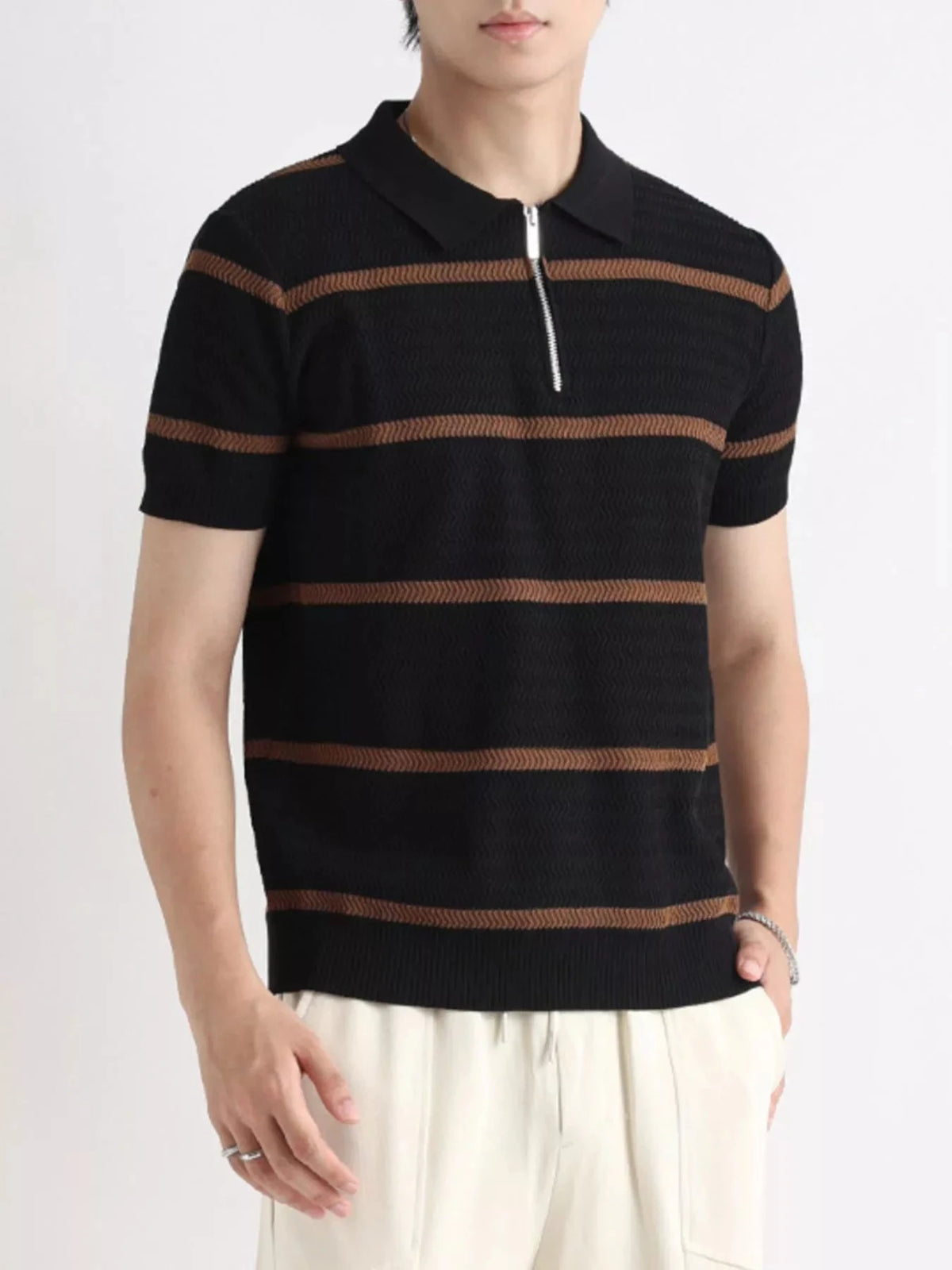 Men's Plus Size Striped Zip-Up Knit Polo