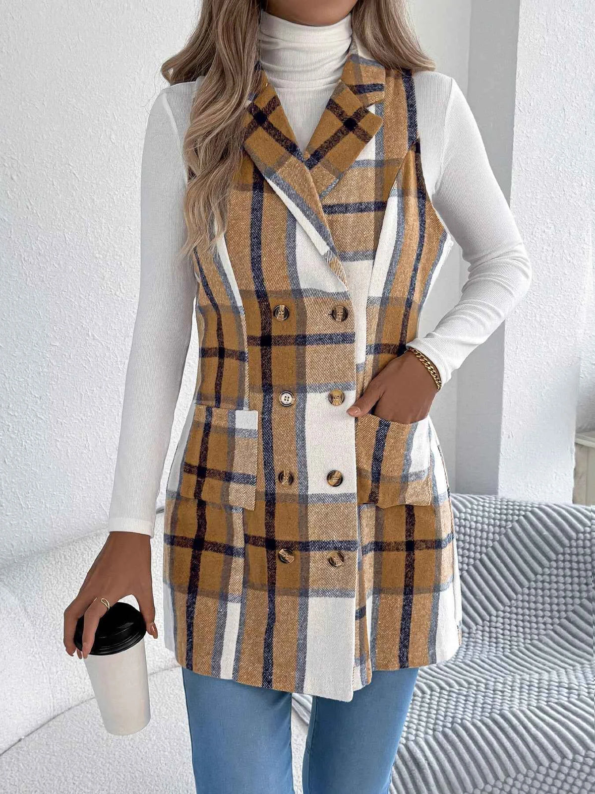 Plaid Double-Breasted Vest Coat