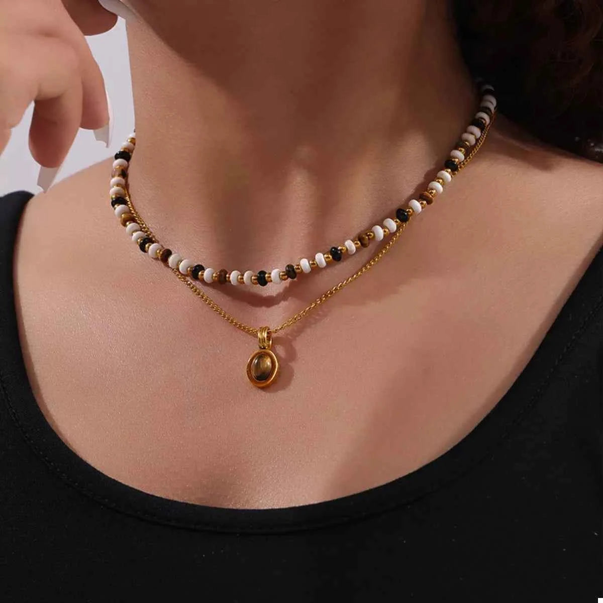 2 Piece Natural Stone and Gold Chain Necklace with Pendant